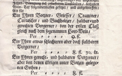 Lettera circolare “Wein-Taxe Bozner, 1749;..Grieser, Traminer, Kurtatscher...