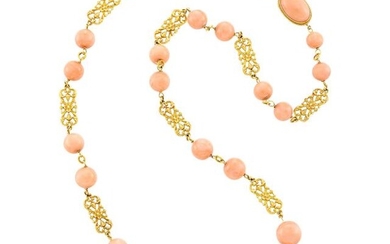 Long Gold and Angel Skin Coral Bead Necklace