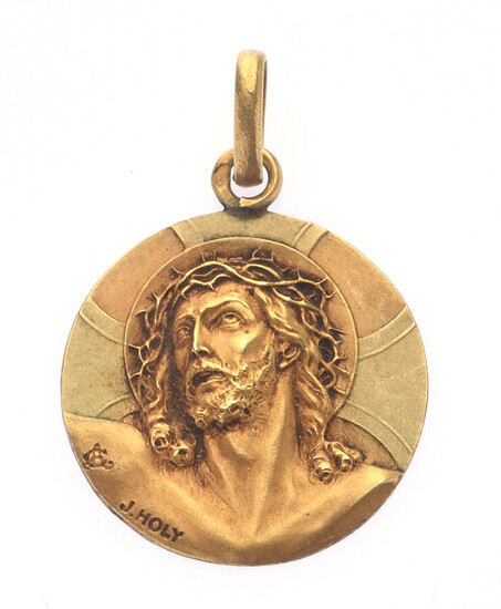 Lot 2 PENDENTIF "Christ à la couronne d'épine" en or jaune 750/°° signée J. Holy. Non gravé au dos. H. avec bélière: 2.5 cm. Poids : 2,6 g.