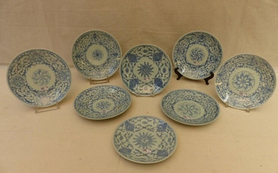 Set of eight plates of two different models in blue...