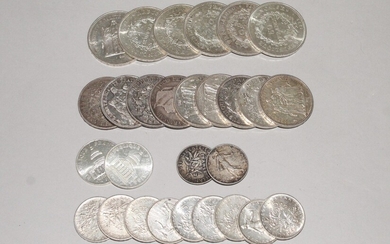 Lot de pièces françaises en argent (Hercule, Semeuse, 100 francs, 5 franc Louis-Philippe). Poids :...