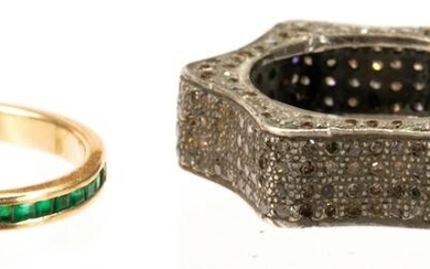 (Lot of 2) Emerald, diamond, 10k, silver rings