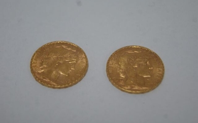Lot of 2 pieces 20 frs gold cockerel 1906 and 1906 . Weight 12,99 g.BE