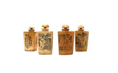 Lot of 4 Antique Chinese Hand Carved bone EROTIC Scrimshaw Snuff Bottles 3" tall (8cm each)