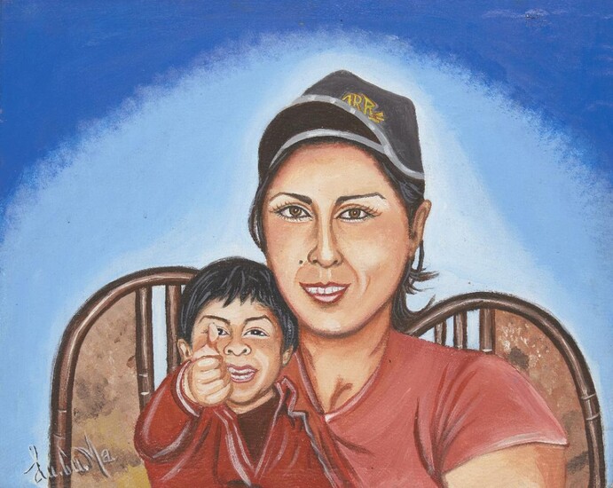 Lu.cu.ma. (Luis Cuevas Manchego), Peruvian XX- XXI Mother & Child - Prison Warden; oil on canvas, signed lower left, 40x50cm(unframed, unstretched) Provenance: Collection of Claudia Trosso and Martin Allen Morales Note: This artist spent over...
