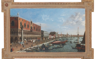 MANNER OF GIOVANNI ANTONIO CANAL, IL CANALETTO, A view of the Riva della Schiavone, Venice, with the Palazzo Ducale, elegantly dressed figures and gondolas in the foreground