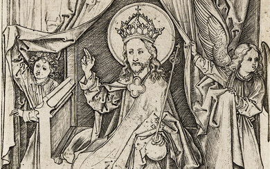 MARTIN SCHONGAUER Christ Enthroned, with two Angels. Engraving, circa 1475-80. 170x120 mm; 6¾x4...