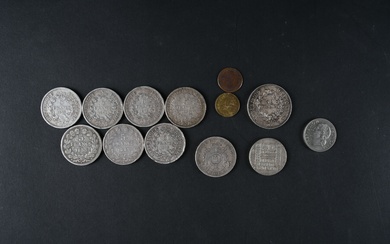 MONNAIES d'ARGENT (9) : 1 x 50 francs Hercule 1977, 1 x 20 Francs Turin...