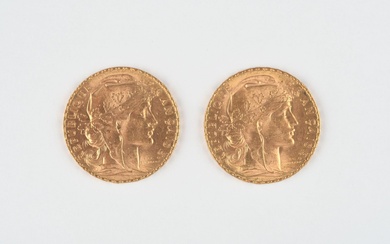 MONNAIES d'OR (2) : 20 Francs français, 1908 et 1935. Poids : 12,9 g Lot...