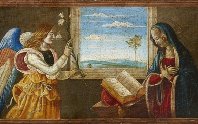 Manner of Fra Filippo Lippi, late 16th / early 17th Century- The Annunciation; oil-tempera(?) on paper laid down on canvas laid down on panel, 23.7 x 46 cm., (unframed). Provenance: Private Collection, UK.