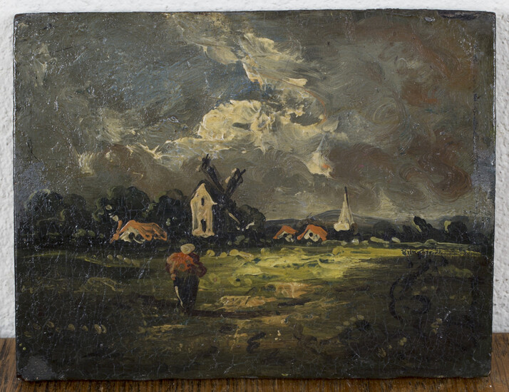 Manner of John Constable - Landscape with Windmill, oil on panel, bears labels verso, 12.5cm x 16.5c