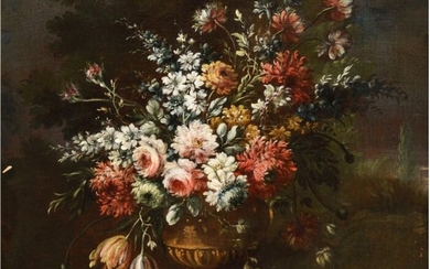 Margherita CAFFI (Vicence, 1650 Milan, 1710) Bouquet de fleurs Huile sur toile (rentoilée) Au revers, étiquette d'exposition (illisible) 60 x 73,5 cm