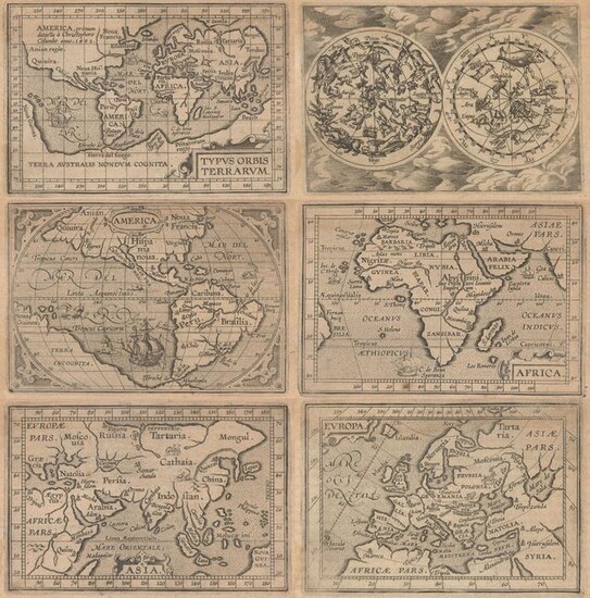Matching Set from Miniature Ortelius Atlas, "[Lot of 6] Typus Orbis Terrarum [and] America [and] Africa [and] Asia [and] Europa [and] Globus Coelestis", Ortelius/Coignet