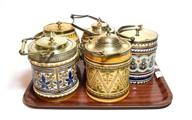 Mettlach biscuit barrels and covers with traditional decoration, painted mounts...
