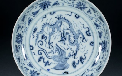 Ming Blue and White Dragon and Phoenix Auspicious Appreciation Plate