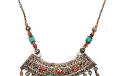 Mongolia, necklace with broad pendant, with filigree wave...