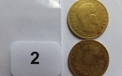 Monnaies or - Lot de 2 x 10 Francs Napoléon III, tête nue, 1858 A (TB) et 1860 A main-ancre (B avec coups)