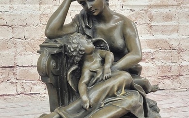 Mother and Child by Carrier Belleuse Hot Cast Bronze Sculpture on Marble Base