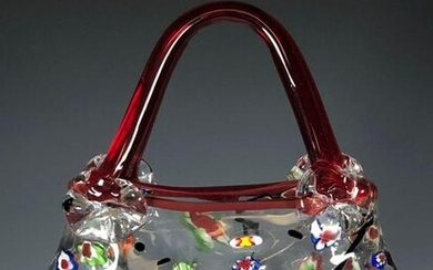 Murano Millefiori Art Glass Purse w Red Handles