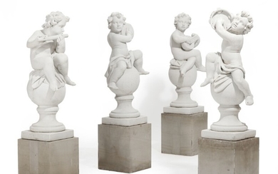 Musicians, four artificial stone garden figures on sandstone pedestals. H. incl. pedestal 140 cm. (8)