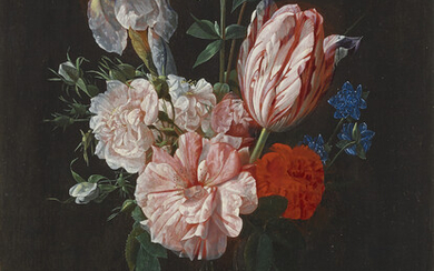 NICOLAES VAN VEERENDAEL (ANTWERP 1640-1691) A tulip, roses, iris and other flowers in a glass vase on a stone plinth