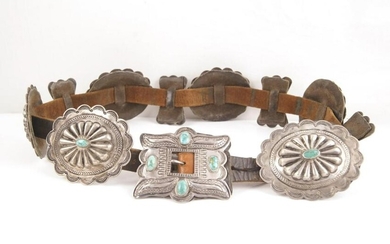 Navajo Turquoise and Silver Concho Belt Old Pawn