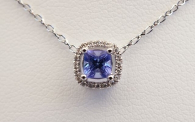 Necklace in 18 kt rhodium-plated white gold and 0.35 carat princess cut natural Tanzanite GRS certified with a setting of 0.04 carat brilliant-cut diamonds G-H SI. Chain in 18kt white gold of 40cm. 1,60g. Luxurious case.