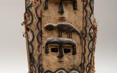 Nigerian Painted Wood and Raffia Plank Mask, Ibibio