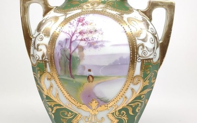 Nippon Green & Gold Dutch Scene Footed Vase