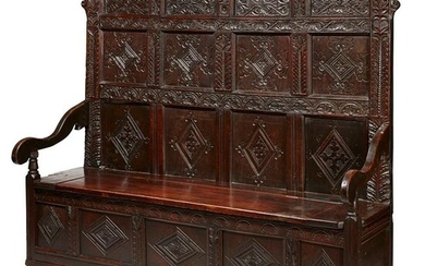 OAK CARVED PANELLED SETTLE 17TH CENTURY