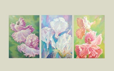 Oil painting Triptych flowers girl Vemfialov