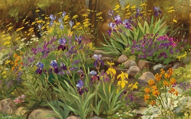 Olga Alexandrovna: Colourful flower bed at springtime. Signed Olga. Oil on cardboard. 32×40 cm.