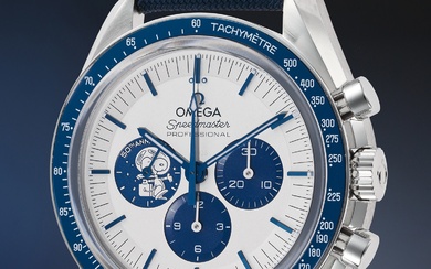 Omega, Ref. 310.32.42.50.02.001 A brand new, stainless-steel, limited-edition chronograph wristwatch with guarantee and presentation box, made to commemorate the 50th anniversary of Omega receiving the “Silver Snoopy Award” from NASA