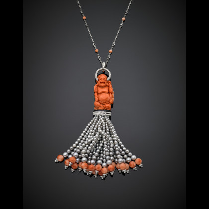Orange variegated coral bead and diamond white gold sautoir...