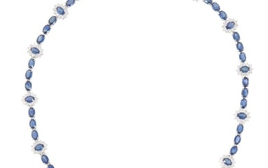 Oscar Friedman Platinum Diamond and Sapphire Link Necklace, the 60 oval links with graduated oval