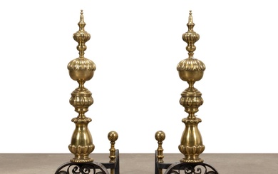 PAIR 19TH/20TH C. BAROQUE STYLE BRASS ANDIRONS