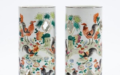 PAIR, CHINESE ROOSTER MOTIF PORCELAIN HAT STANDS