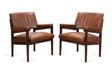 PAIR MCM BROWN LEATHER & MAHOGANY ARMCHAIRS