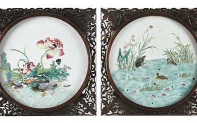 PAIR OF CHINESE FAMILLE ROSE PORCELAIN PAINTED TILES Late 19th Century Diameters of plaques 10.5".