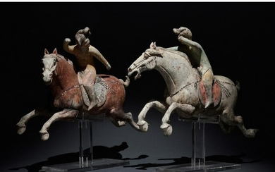 PAIR OF CHINESE TANG DYNASTY TERRACOTTA POLO PLAYERS
