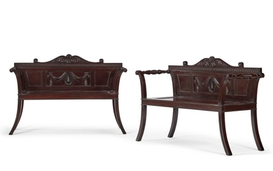 PAIR OF GEORGE III CARVED MAHOGANY HALL BENCHES, CIRCA 1800