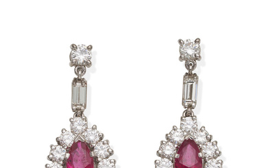 PAIR OF RUBY AND DIAMOND PENDENT EARRINGS