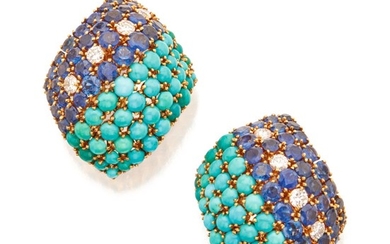 PAIR OF TURQUOISE, SAPPHIRE AND DIAMOND EARCLIPS, DAVID WEBB
