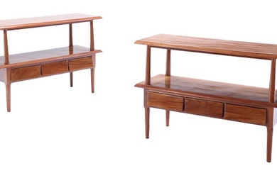 PAIR OF TWO TIER CONSOLE TABLES WITH DRAWERS C 1960.