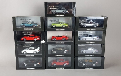 PAUL'S MODEL ART/MINICHAMPS - 13 Porsche, métal, échelle 1/43, dans leurs boites d'origines : 2x...
