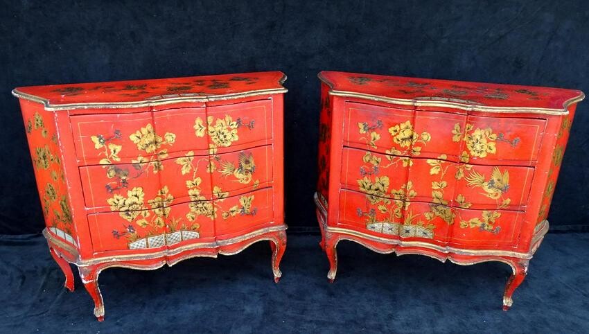 PR. ITALIAN RED CHINOISERIE DECORATED CHESTS 32"H 40"L