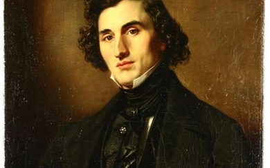Paintings, engravings, etc. - West European School, portrait of a man sitting on a chair, with black knotted tie, diamond tie pin and father murderers, half figure, to the left, looking, circa 1840 -light defects-76 x 59 cm