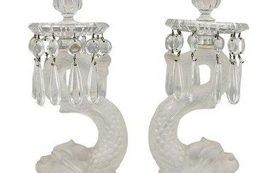 Pair Baccarat Dolphin Glass Candle Holders