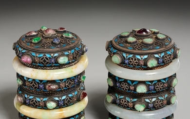 Pair Chinese jade mounted silver cloisonne boxes