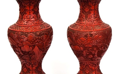 Pair Early Chinese Cinnabar Vases